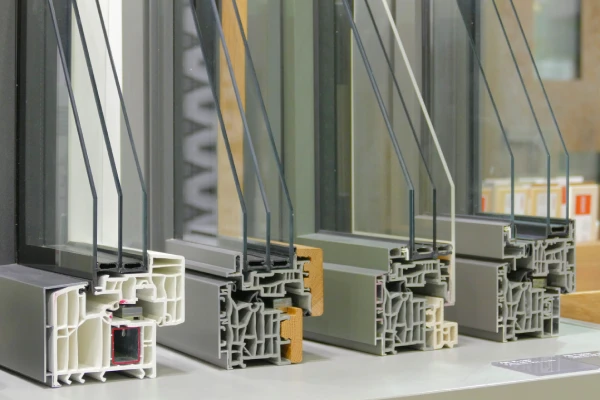 Closeup shot of window frames for thermo-acoustic insulation with double and triple glazing